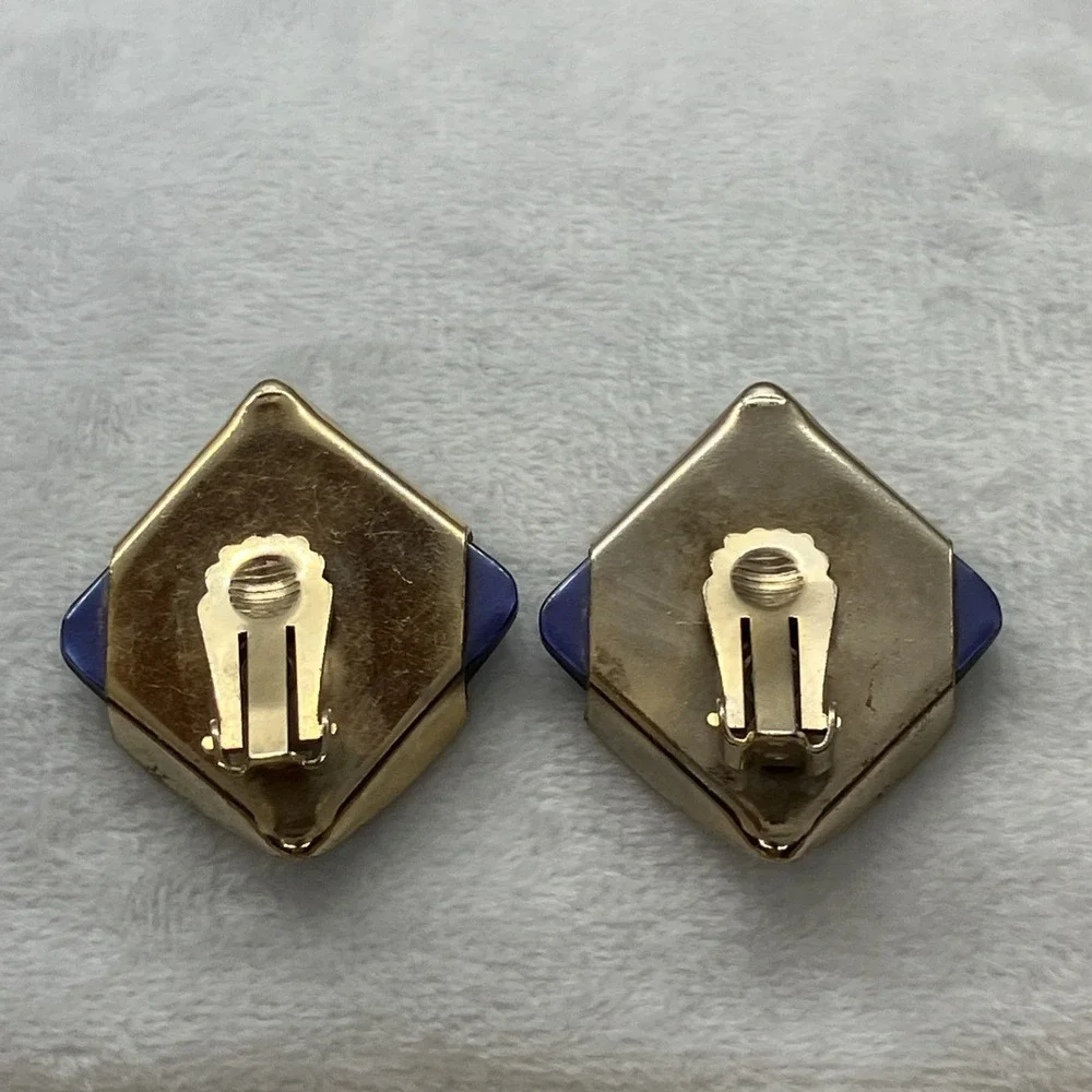 Vtg. 50's Thermoset Moonglow Blue Lucite Clip On‎ Gold Tone Earrings MCM